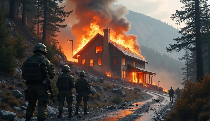 Create a nice ambush picture of  soldiers shooting a house burning with aheavy fire flame location in mountain trees on street down road destroyed 