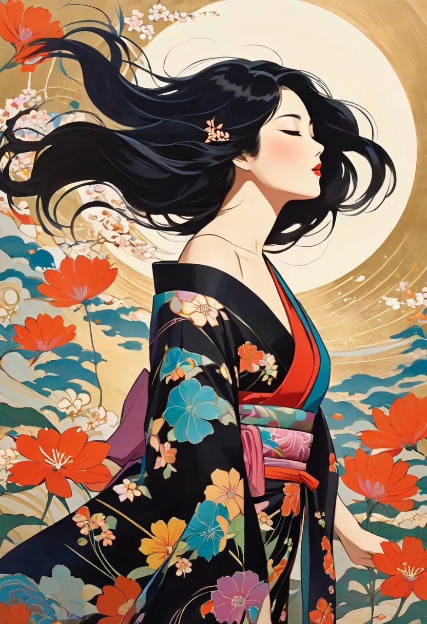 Masterpiece Painting, Feminine Art   , Ichiro Tsuruta,   art deco  ,   Flat Illustration  , Printmaking style, Revisionalism, vector art ,   unrealistic,  abstract background, A lot of flowers dancing in the wind  ,  abstract, Passionate, Sensual and Beaut...