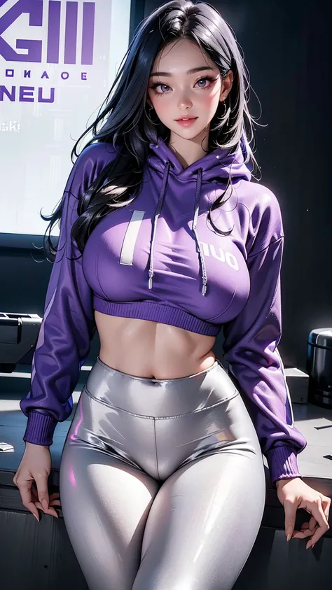 ((purple knitted hoodie, large logo printing in A-shape)), (metallic silver leggings pants),  with legs spread in a V shape, Stretching position , in the gym, Wrist strap,  long straight black hair , (beautiful Korean face, Thick lips, Bright Face Makeup,p...