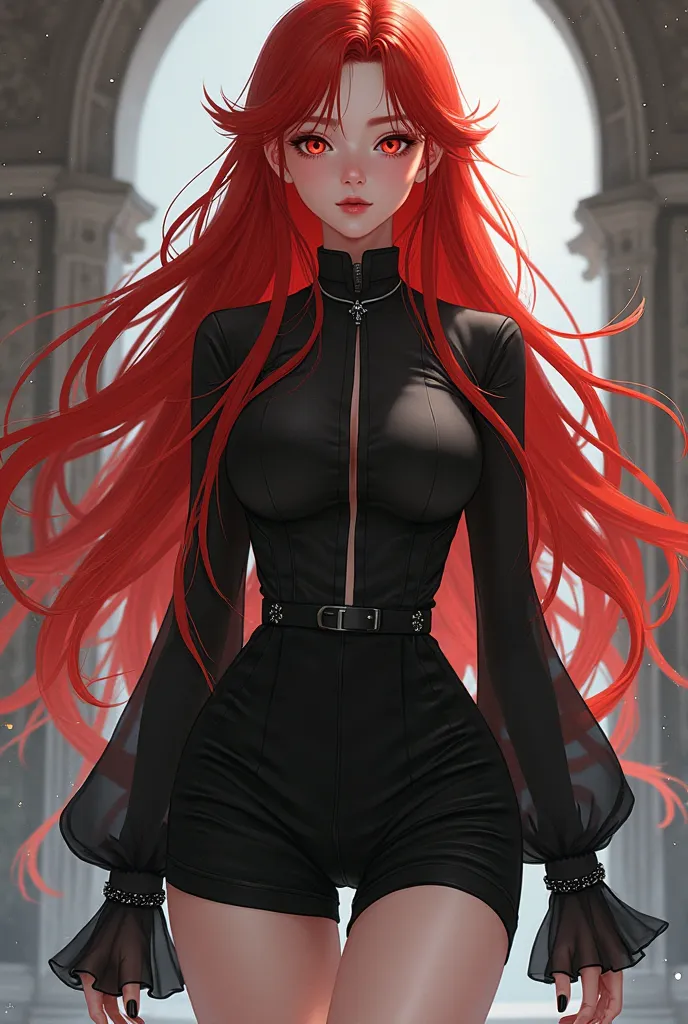 A 2d character with long red hair and white skin wearing a black long sleeve blouse with black shorts