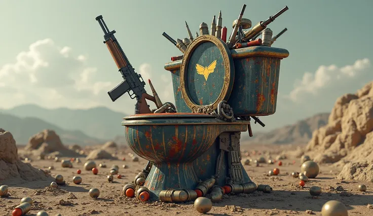 A toilet made of guns, bullets, and bombs