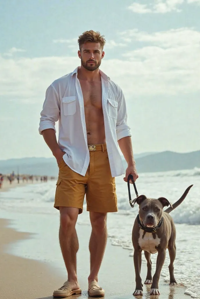 A strong young man in beach attire,white open button down shirt,caramel shorts and beige loafers,with her Lilac Pitbull dog with a black pirate pit bull spot on her left eye ,Secure by the black collar.In the extremely realistic and cinematic image,The Lig...