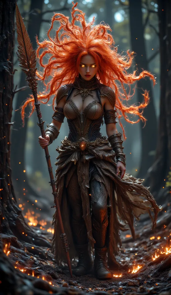 Masterpeice, realistic, high quality, 8k Ultrs HD, A fierce dryad with fiery red hair like autumn leaves, eyes glowing like embers. She stands among charred trees, wielding a wooden spear, her aura radiating strength and courage.