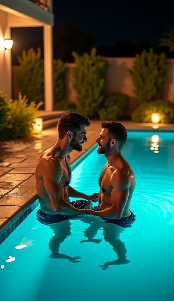 two hairy men are hanging out at their glorious pool in the backyard. It's night and the lights in the pool show the beautiful turquoise lights. There are other lights around the pool and shining on plants and bushes. One man is sitting on the side of the ...