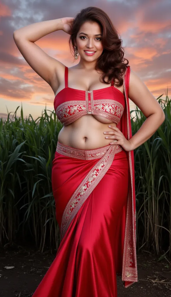 40 year old Indian Women, curvy body, inside sugarcane field, evening sky, bossy sassy photoshoot, (wearing expensive sleeveless red choli, long skirt), exposing midirff navel (intricate detailing of face eyes nose mouth full lips & body parts), textured s...