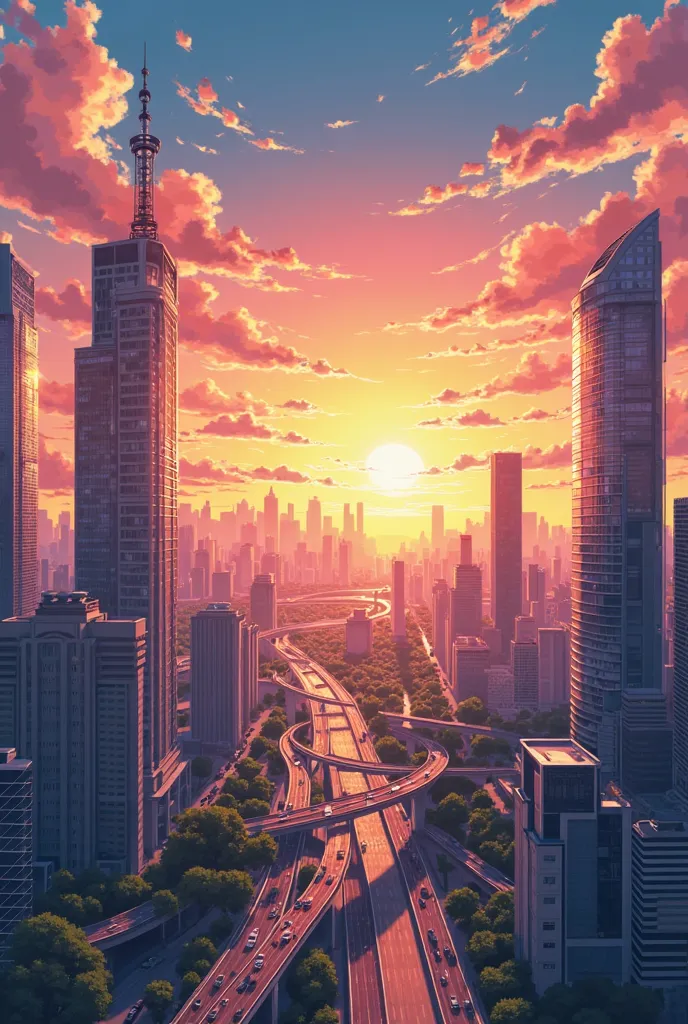 Create an anime-style landscape of a city with a beautiful sunset