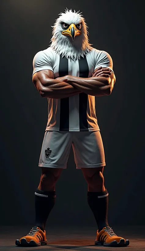 "A powerful and fierce-looking Gaviao mascot for an e-sports team. The Hawk stands with his arms crossed, exuding dominance and defeat. He wears a black and white uniform: a short-sleeve shirt with vertical black stripes, white , black shorts and knee-leng...