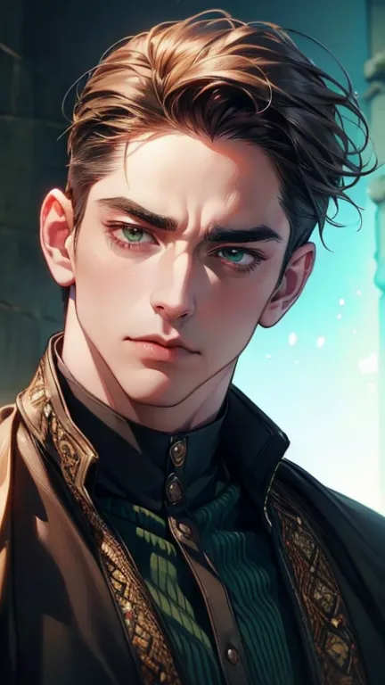 (  better quality,4K,8k,   highres,  masterpiece :1.2),  breasts  ,(Realistic,photoRealistic,photo-Realistic:1.37),36-year-old man,3 day beard,Beautiful anime,Portraits,strong,masculine,    with dark hair  ,sharp jaw,     mesmerizing green eyes   ,    perf...