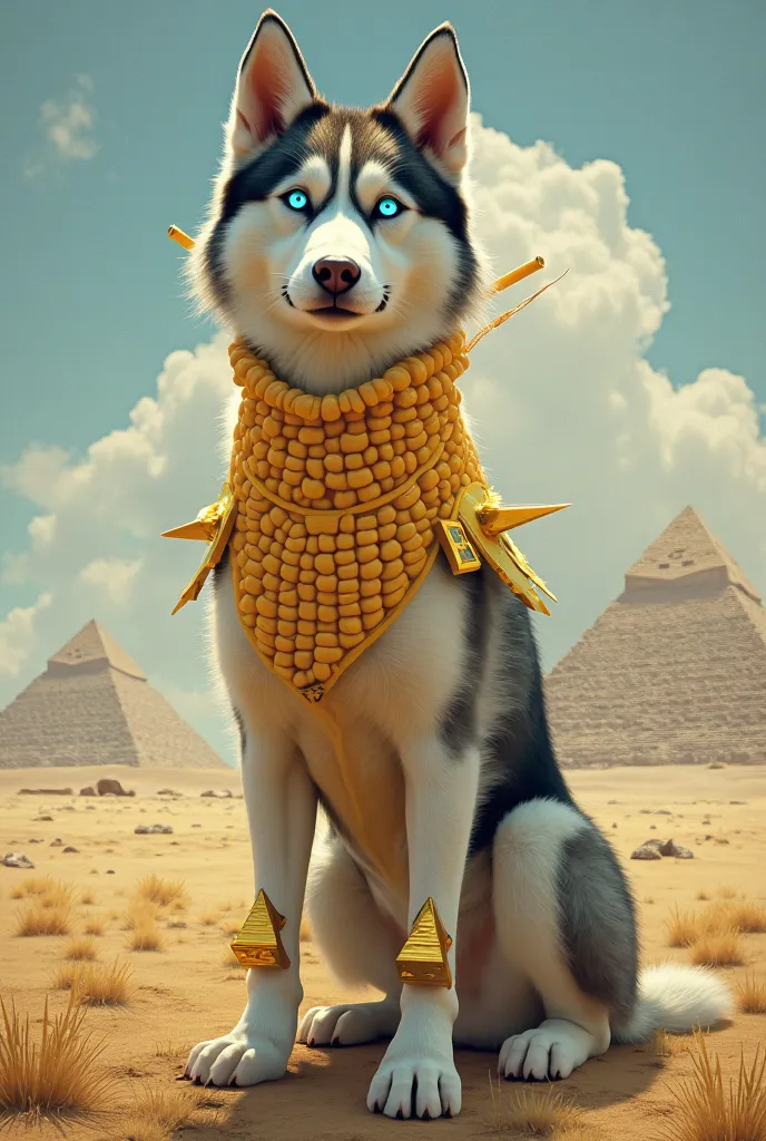 Corn cob with a blue-eyed husky with pyramids on its legs 