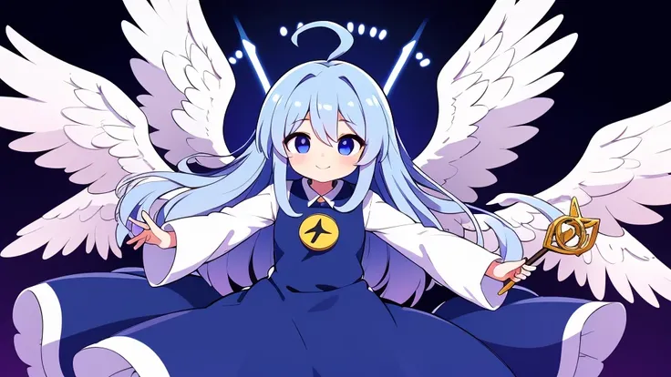 an animated anime drawing of a woman with huge wings holding a staff, well-formed face, ultra cute face, ultra detailed eyes, ultra detailed hair, ultra cute, ultra beautiful, ((high end)), (UHD picture), (best quality,4k,8k,highres,masterpiece:1.2), top-q...