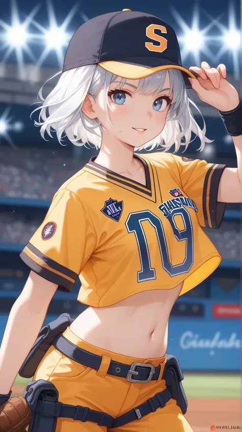 A highly detailed anime-style illustration of a young girl with short silver hair and bright blue eyes, wearing a SoftBank Hawks baseball uniform. The uniform consists of a vibrant yellow jersey with white accents, featuring the ‘SoftBank Hawks’ logo promi...