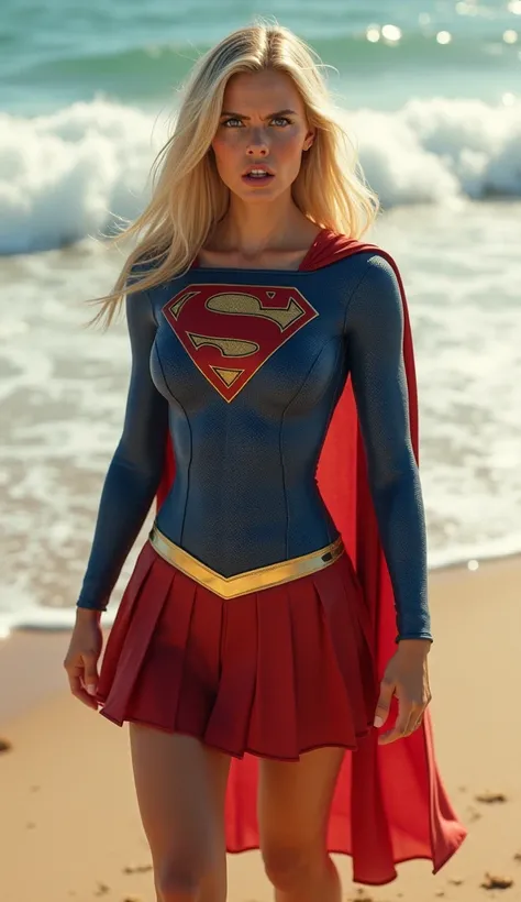 Supergirl with a scared face on the beach,   ultra real and professional images