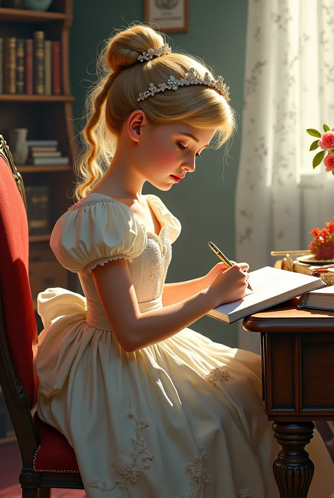 Cute little Cinderella princess, writing in her notebook sitting at her desk 