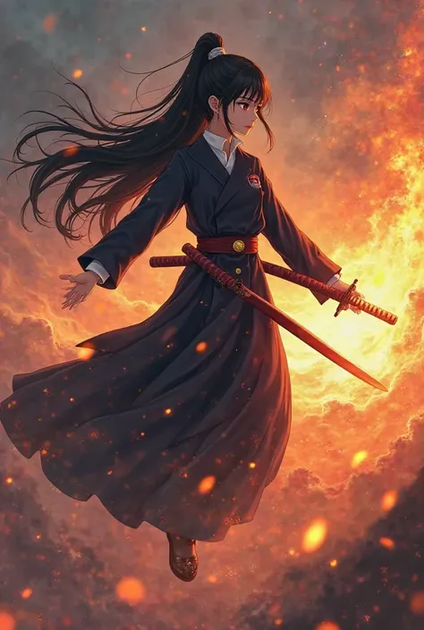 anime style, In the distance a woman with long black hair and wears a dark uniform similar to that of Jujutsu Kaisen, with a gold button.  He has a katana in his hands , The woman is in the air and a fire-like shadow emerges from the katana that surrounds ...