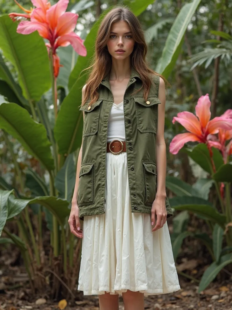 Realistic photo, fashion editorial type. Young thin model, with white skin and brown hair, wearing a white midi plain flared skirt and a military green sleeveless denim parka, waisted by a brown leather belt. She wears natural makeup. She wears green flat ...