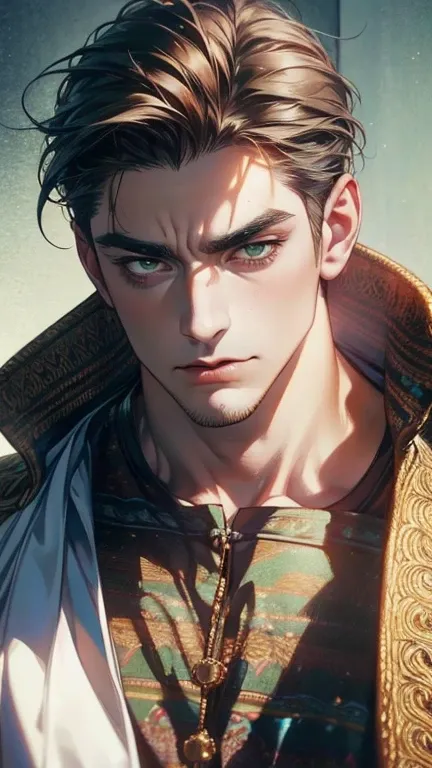 (  better quality,4K,8k,   highres,  masterpiece :1.2),  breasts  ,(Realistic,photoRealistic,photo-Realistic:1.37),36-year-old man,3 day beard,Beautiful anime,Portraits,strong,masculine,    with dark hair  ,sharp jaw,     mesmerizing green eyes   ,    perf...