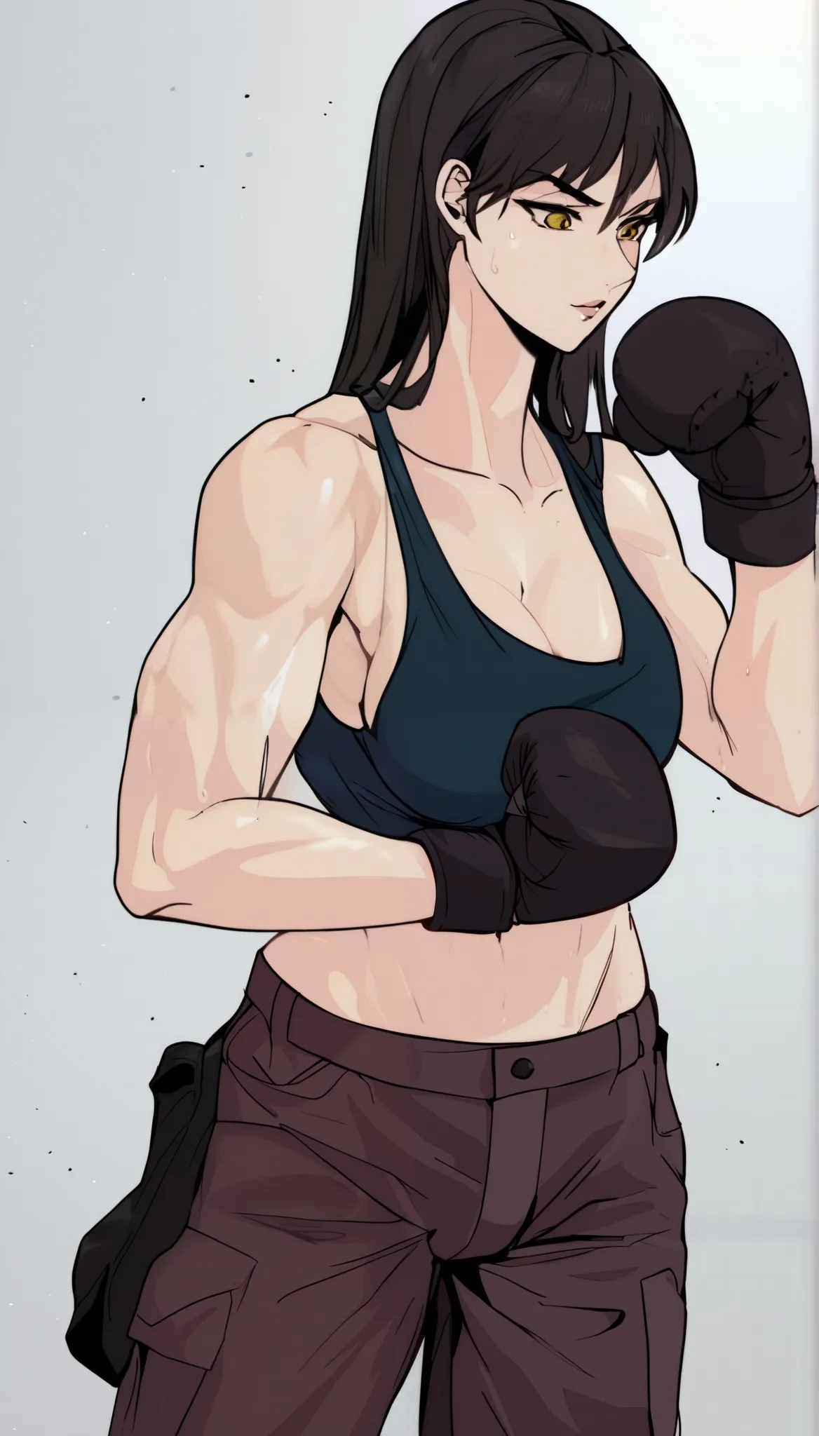 black hair,masterpiece,best quality,highres,ultra-detailed,aashizue,yellow eyes,long hair,cargo pants,(tank top:1.2), boxing gloves,cleavage,toned, sweating, (sleeveless:1.4),cowboy shot,