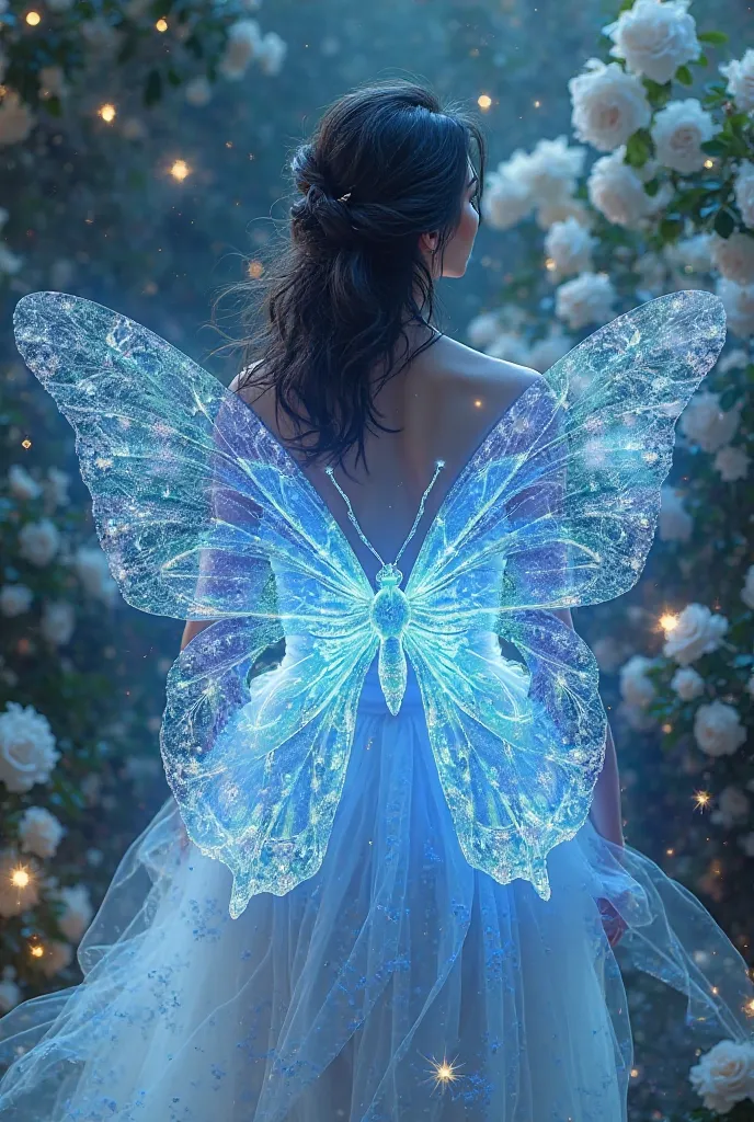 /imagine an impressive work of liquid digital art featuring (transparent blue butterfly cosmic shiny powder ,magical dust fragments with shiny magic trails, ultra-realistic fantasy in a garden of white roses flying around a woman gorgeous , Photogenic cabe...