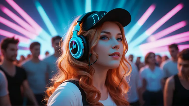 
Create a masterpiece featuring a fully clothed female DJ in a dreamy, magical setting. The image should be detailed and high-resolution (8k) with a soft, blurry background that enhances the subject's focus. The girl, wearing headphones and mechanical head...