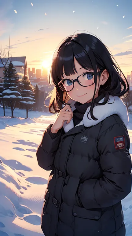 masterpiece，highest quality，best image quality，( Super Flats  ，Flat shade  )，fisheye lens，Glasses，beautiful black hair，beautiful cute little mom and lovely daughter:1.2， warm muffler ， down jacket in the snowy mountains，Natural gal makeup，(naked in the hea...