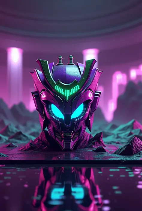 samurai robot helmet purple and green blue, bright blue eyes,  - Upright posture, decisive expression,  Shiny metallic armor , Intricate details, cyberpunk landscape background,  neon lights, futuristic atmosphere , Concept art style, digital illustration,...