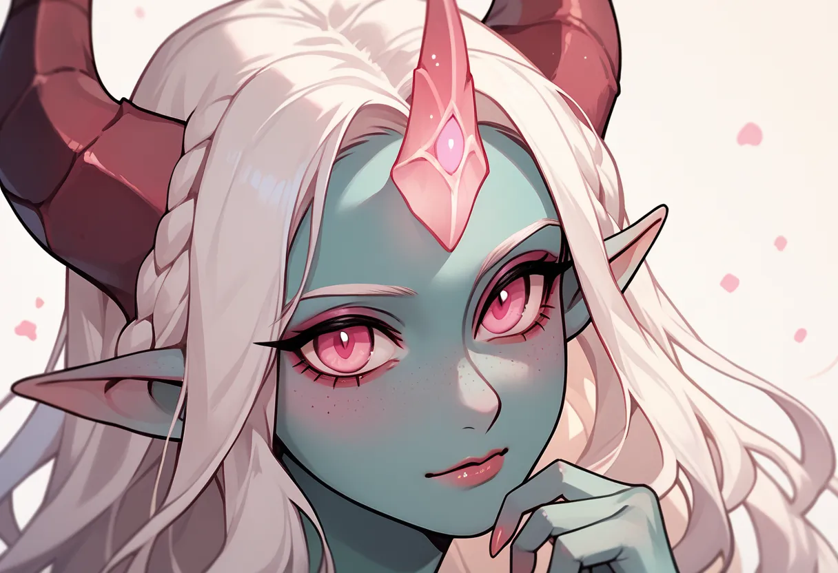 Hilsty, monster woman, beautiful, cute, horned crown, pink eyes, pointed ears, teal skin, white hair 