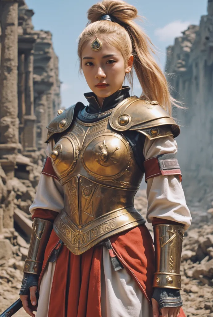 score_9, score_8_up, score_7_up, masterpiece, high quality, korean beautiful girl face, 
 Amazon(Diablo), long hair, blonde hair, ponytail, circlet, Breastplate, pauldros, armlet, bracer, pelvic curtain, faulds, Tristram(Diablo)