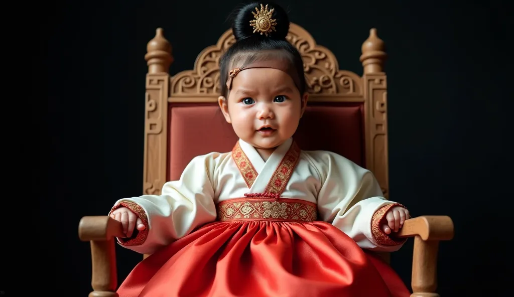 Photography of Indonesian baby girl wearing traditional South Korean baby hijab Hanbok, seen sitting on a royal chair, looks sweet and elegant, aesthetic black plain background with ultra detail,8k