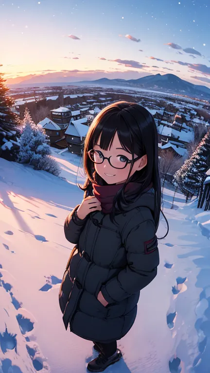 masterpiece，highest quality，best image quality，( Super Flats  ，Flat shade  )，fisheye lens，Glasses，beautiful black hair，beautiful cute little mom and lovely daughter:1.2， warm muffler ， down jacket in the snowy mountains，Natural gal makeup，(naked in the hea...