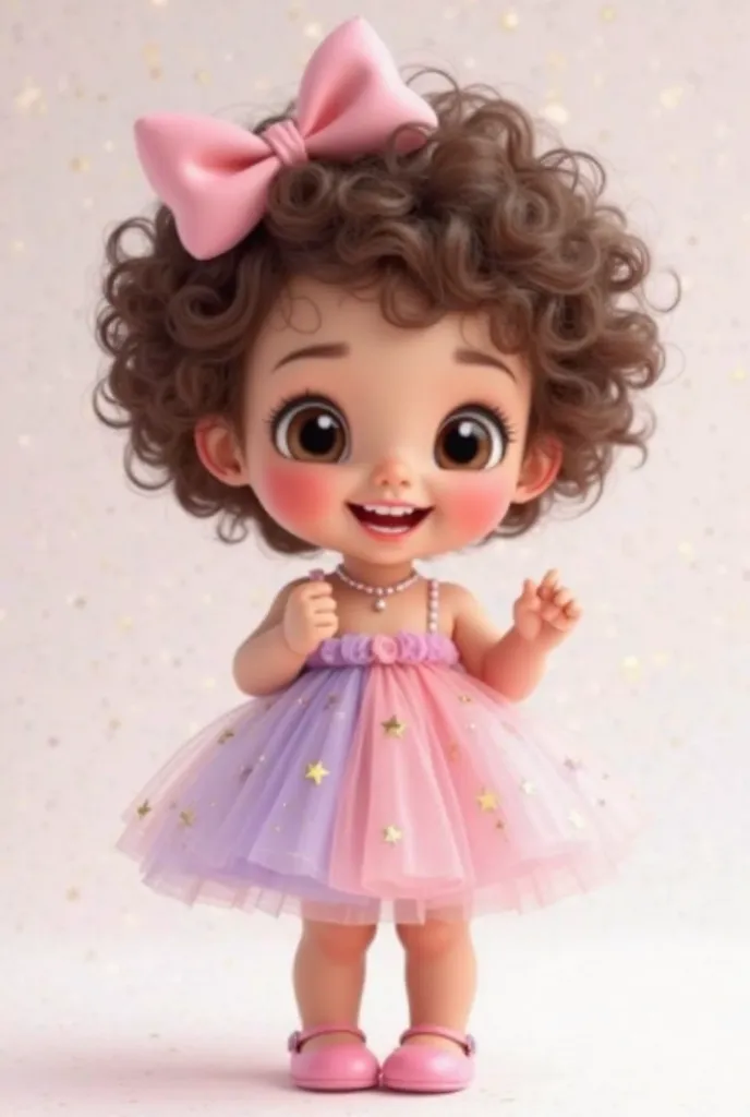 I want you to make a 3D rendering of the  baby girl with big medium brown eyes, medium skin tone, short brown curly voluminous hair half tied with a pastel bow, with a smile showing her teeth, rosy cheeks and bright eyes, she is wearing a strapless dress i...