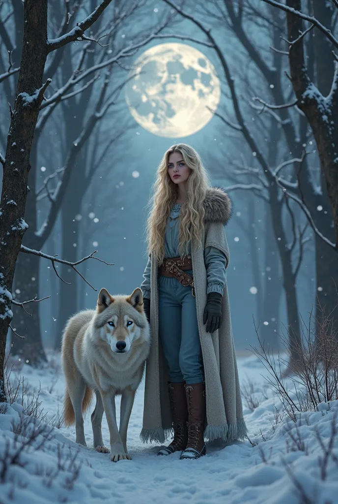 ultra realistic, in the forest, winter climate, illuminated by moonlight, blonde woman with long wavy hair wearing clothes for the cold, at her side a white wolf with blue eyes, UHD