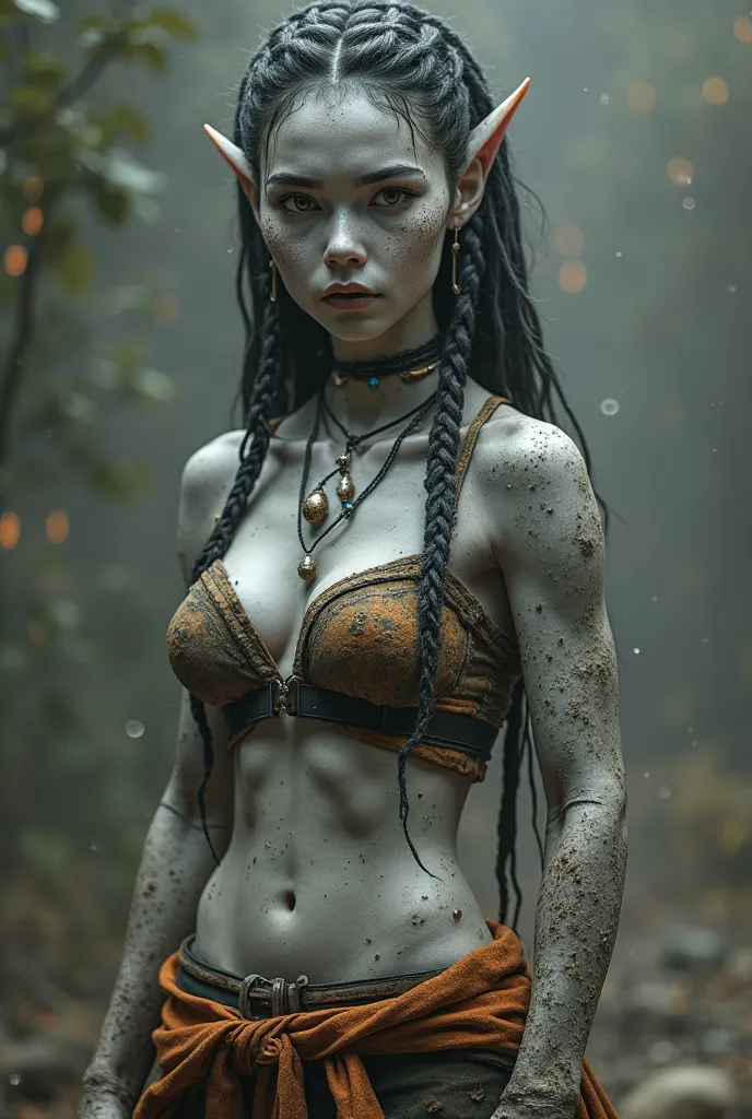 A young woman with light gray skin in all her body and light ambar iris, normal hear, She short braided hair, with an extremely defined, athletic physique, She long black and dark-orange hair i emphasizing her sharp facial features(light gray skin). filthy...