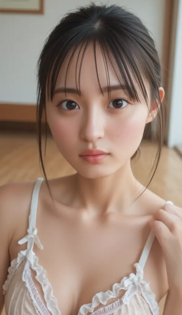 (((  are in reverse，The cheeks occupy the entire face、biologically accurate images of the entire cheek 、      Then stare at the camera    :1.22,    Lean forward   ,  loose-fitting shirt  、    No underwear))),   1. Japanese women,        hotel room  、   Ind...