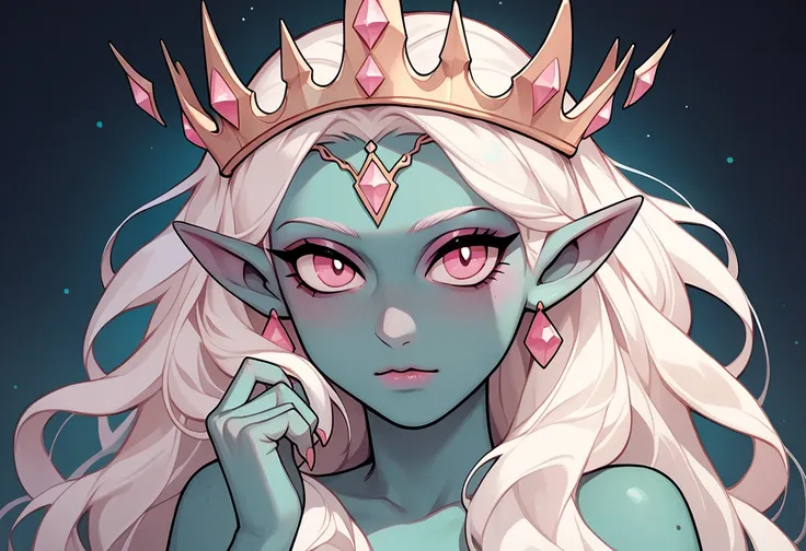 Hilsty, monster woman, beautiful, cute, horns, crown, pink eyes, pointed ears, teal skin, white hair 