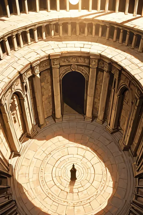 Aerial view of an ancient Roman coliseum, visually divided into four equal parts. The structure is huge, with detailed stone walls, imposing columns and a central sand covered with sand. The stone is aged and worn out by time. The sand in the center is cle...