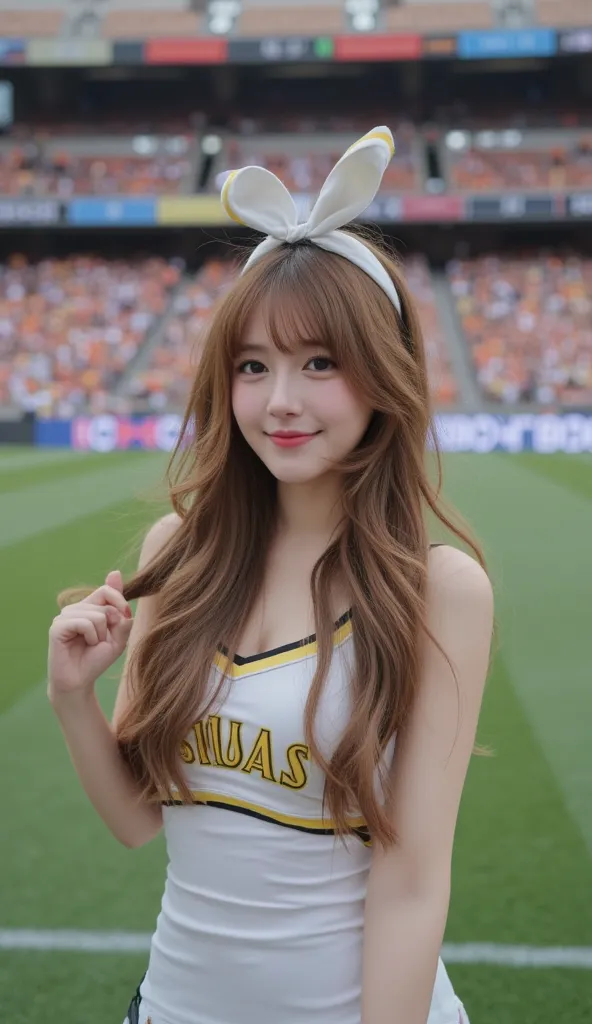 8k,best quality, highly detailed, masterpiece, ultra-detailed, realistic, photo, real, extremely detailed, 1girl, solo, full body,beautiful detailed eyes, an extremely delicate and beautiful,cheerleaders,long hair, hair accessories,looking at viewer, smile...