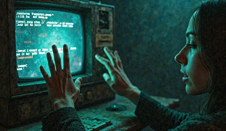 Fast montage of hands reaching out, closed eyes in concentration, old computer screen with cryptic messages, cinematic, cyberpunk style. Ultra-realistic scene.