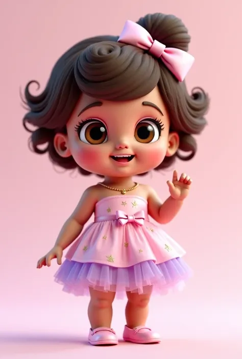 I want you to make a 3D rendering of the  baby girl with big medium brown eyes, medium skin tone, short brown curly voluminous hair half tied with a pastel bow, with a smile showing her teeth, rosy cheeks and bright eyes, she is wearing a strapless dress i...