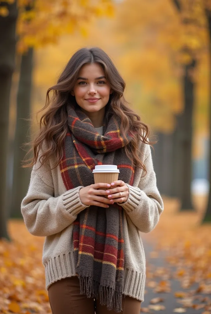 A young brunette woman with soft, flowing hair styled naturally with a slight wave stands in a park surrounded by golden autumn leaves. She wears a cozy, oversized sweater, a plaid scarf, and knee-high boots, giving off a warm and approachable vibe. Her ex...