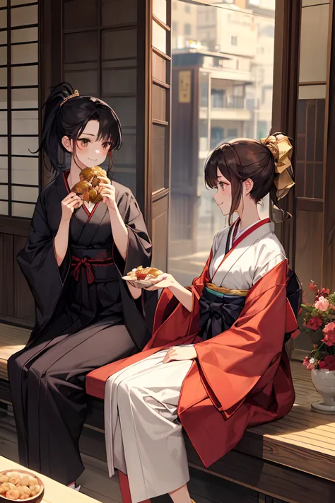  young、Female 1、Female 2、cute（（20 years old、 Gold、outsider、The hairstyle is a ponytail、 kimono、chest is big、 wears a judging hakama、gorgeous））、They sit on the veranda and chat side by side while eating dumplings together、 photos、masterpiece、highest quality...