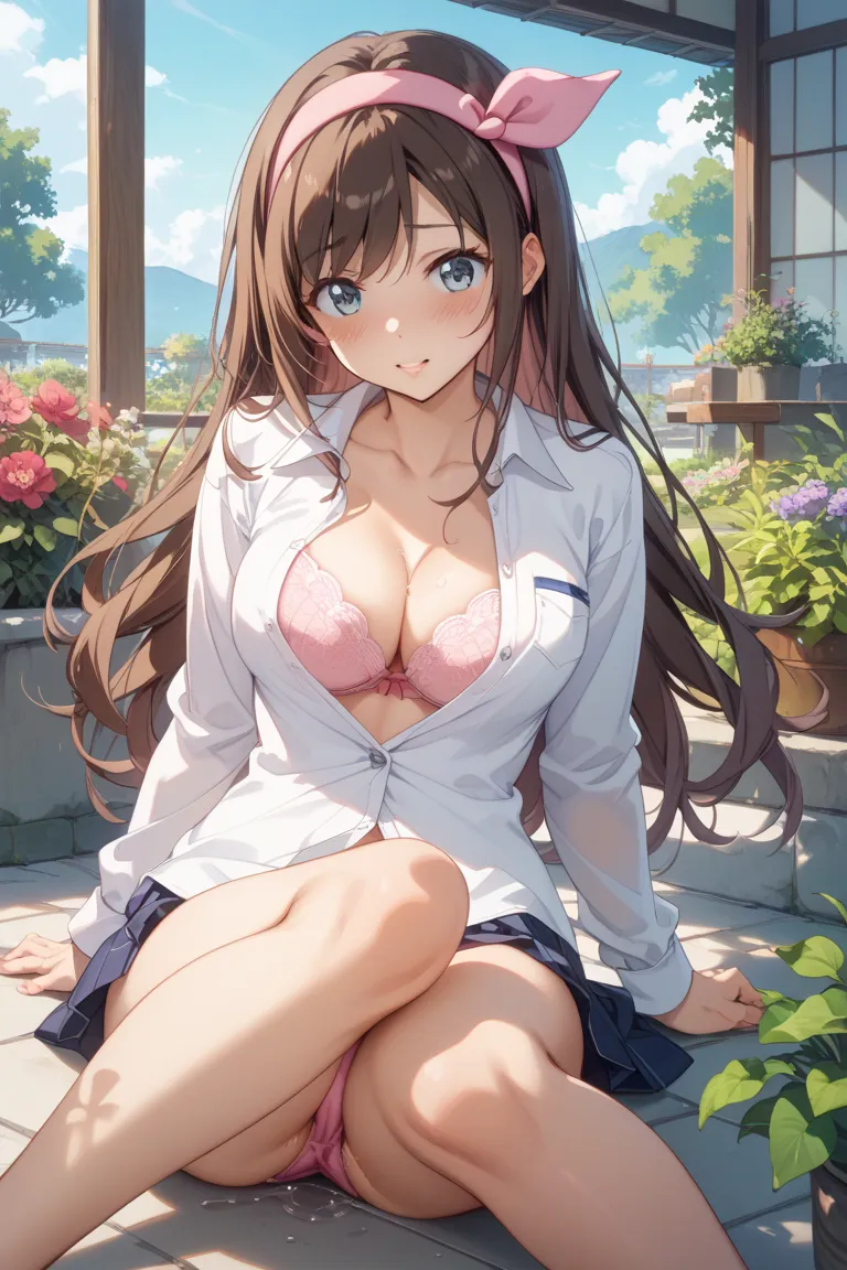 Kizuna Ai、dark brown hair color、long hair、uniform、blouse are unbuttoned、chest visible、 will stretch your chest、bra、 Exposure、 sexy、miniskirt、Teehee、blush、garden、Thighs、Bare legs、Love juice、panties、 Panchira、Japanese anime style、Kamigami、 pink mesh、hair ban...