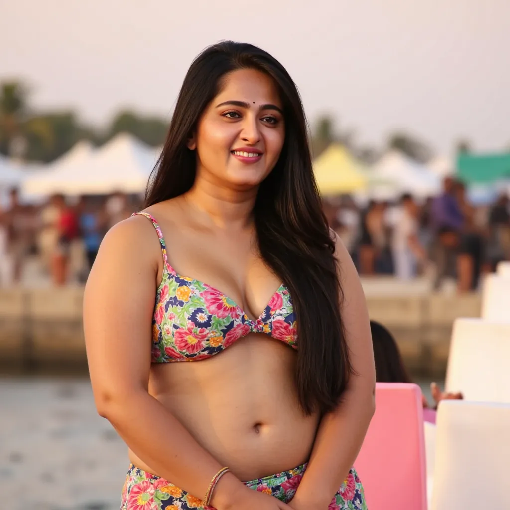 AnushkaShettyFlux portrait of beautiful Anushka  plus size tall and big giant women at a beach, golden hour, clear water,   wearing a colorful microbikini ,white-skin, white skin tone, beautiful face, pink lips, clean skin, celebrity face, thick legs, roun...