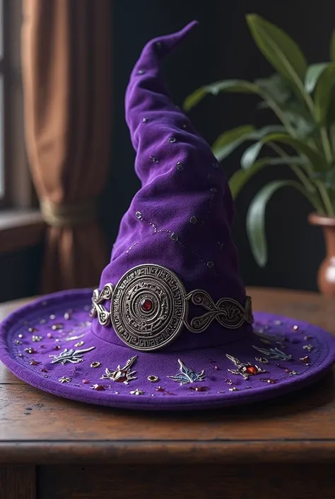 Place on a table, a purple witch's hat 