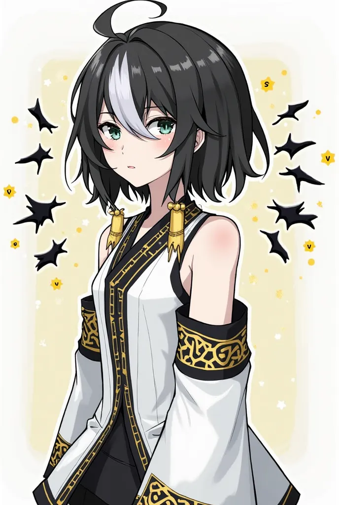  It features a black and white color palette with accents of yellow.

The hair is a notable feature, with an elegant design cut out in black on the top and white on the tips,  which creates a striking contrast . The character wears an outfit that seems to ...