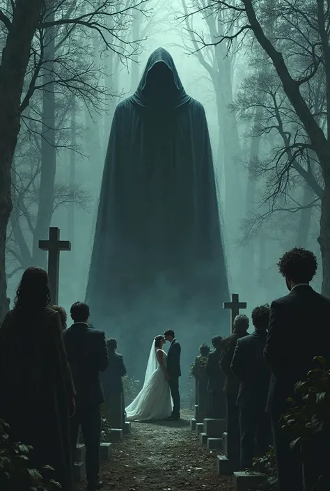 Can you make an image of a figure that has the same height and build of an average man that’s in the shadows and caught the attention of the bride, groom, and guests at there wedding in the cemetery 