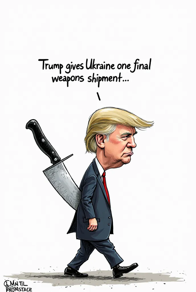 A political cartoon featuring a caricature of the Ukrainian president walking with a large knife stabbed into his back. He has a sad and resigned expression, his face slightly flushed, and he is wearing a dark suit. The knife has a black handle and a sharp...