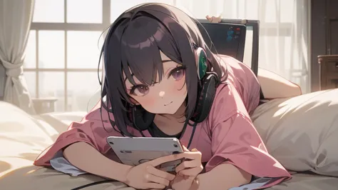 


((Cute Japanese woman)), lying on her back on the bed in the bedroom looking at the tablet, (wearing big headphones on her ears, straight black long bob)), wearing pink floral pajamas, dark eyes, intelligent, bubbly expression, curtains closed, dim ligh...