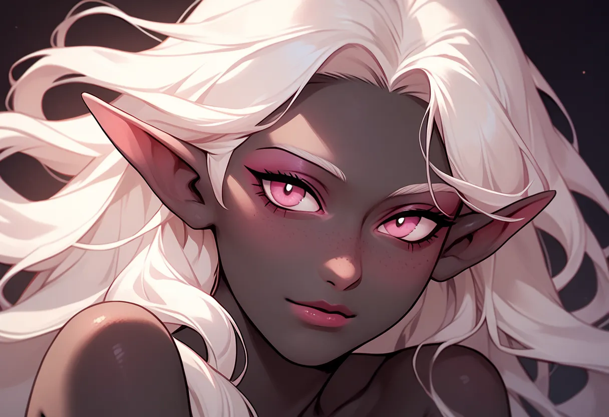 Hilsty, monster woman, beautiful, cute, pink eyes, pointed ears, black skin, white hair 