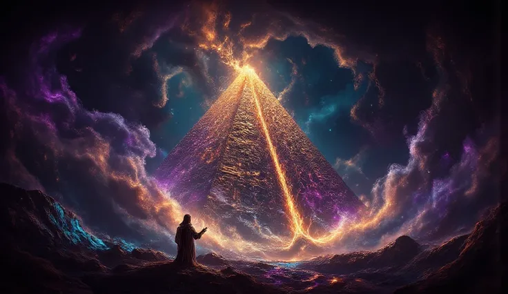 A A surreal landscape featuring a colossal pyramid with intricate designs illuminated by an otherworldly glow, situated against a dark, tumultuous sky filled with clouds. The pyramid displays elaborate carvings and glowing accents, emphasizing a lost civil...