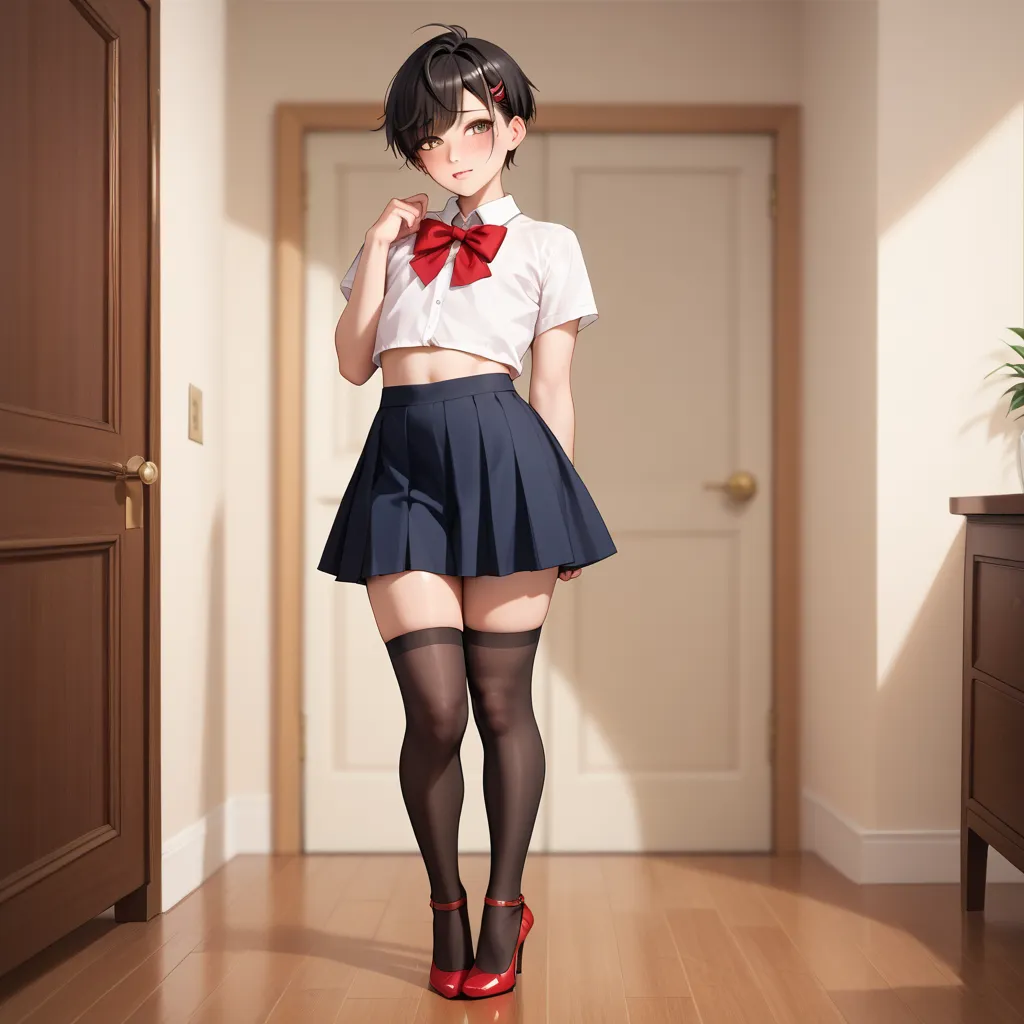  1femboy, stands on his feet, short black hair,  brown eyes,  red thong, on the back of the femboy "SLUT", black stockings, black skirt knee length, red high heels, shy,  decent, the navel is not open, and the skirt is not raised